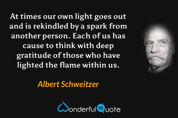 At times our own light goes out and is rekindled by a spark from another person. Each of us has cause to think with deep gratitude of those who have lighted the flame within us. - Albert Schweitzer quote.