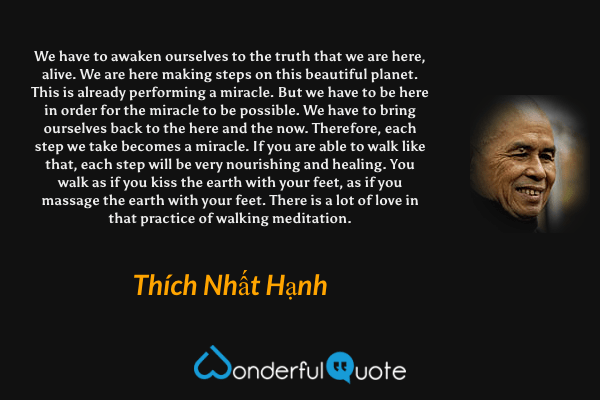 We have to awaken ourselves to the truth that we are here, alive. We are here making steps on this beautiful planet. This is already performing a miracle. But we have to be here in order for the miracle to be possible. We have to bring ourselves back to the here and the now. Therefore, each step we take becomes a miracle. If you are able to walk like that, each step will be very nourishing and healing. You walk as if you kiss the earth with your feet, as if you massage the earth with your feet. There is a lot of love in that practice of walking meditation. - Thích Nhất Hạnh quote.