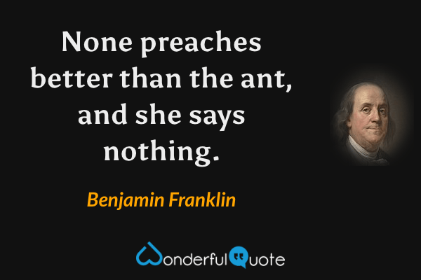 None preaches better than the ant, and she says nothing. - Benjamin Franklin quote.
