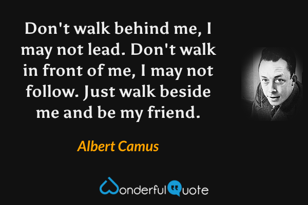 Don't walk behind me, I may not lead. Don't walk in front of me, I may not follow. Just walk beside me and be my friend. - Albert Camus quote.