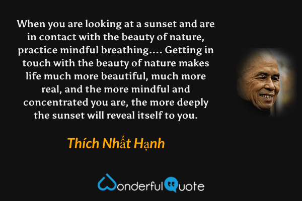 When you are looking at a sunset and are in contact with the beauty of nature, practice mindful breathing.... Getting in touch with the beauty of nature makes life much more beautiful, much more real, and the more mindful and concentrated you are, the more deeply the sunset will reveal itself to you. - Thích Nhất Hạnh quote.