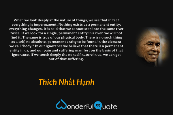 When we look deeply at the nature of things, we see that in fact everything is impermanent. Nothing exists as a permanent entity; everything changes. It is said that we cannot step into the same river twice. If we look for a single, permanent entity in a river, we will not find it. The same is true of our physical body. There is no such thing as a self, no absolute, permanent entity to be found in the element we call "body." In our ignorance we believe that there is a permanent entity in us, and our pain and suffering manifest on the basis of that ignorance. If we touch deeply the nonself nature in us, we can get out of that suffering. - Thích Nhất Hạnh quote.