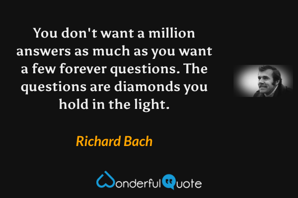 You don't want a million answers as much as you want a few forever questions.  The questions are diamonds you hold in the light. - Richard Bach quote.