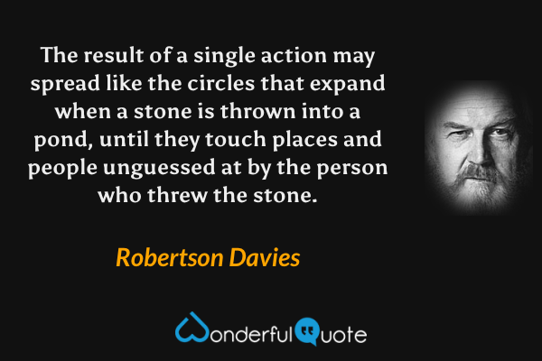 The result of a single action may spread like the circles that expand when a stone is thrown into a pond, until they touch places and people unguessed at by the person who threw the stone. - Robertson Davies quote.