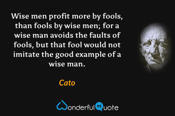 Wise men profit more by fools, than fools by wise men; for a wise man avoids the faults of fools, but that fool would not imitate the good example of a wise man. - Cato quote.
