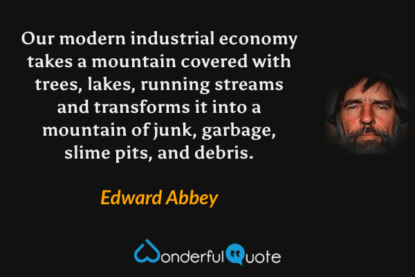 Our modern industrial economy takes a mountain covered with trees, lakes, running streams and transforms it into a mountain of junk, garbage, slime pits, and debris. - Edward Abbey quote.