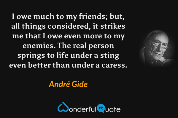 I owe much to my friends; but, all things considered, it strikes me that I owe even more to my enemies. The real person springs to life under a sting even better than under a caress. - André Gide quote.