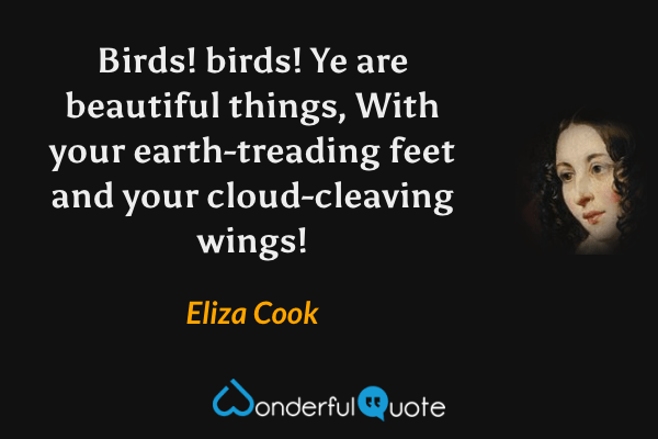 Birds! birds! Ye are beautiful things,
With your earth-treading feet and your cloud-cleaving wings! - Eliza Cook quote.