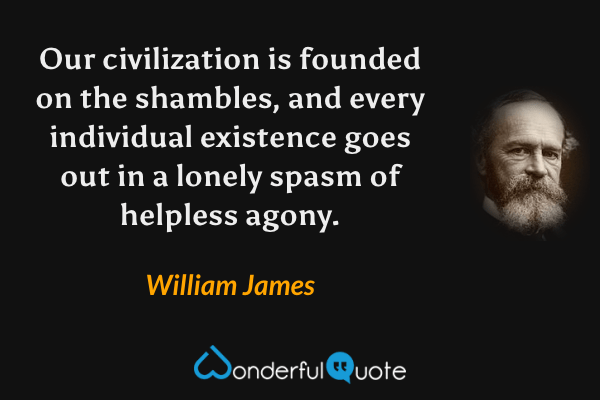 Our civilization is founded on the shambles, and every individual existence goes out in a lonely spasm of helpless agony. - William James quote.