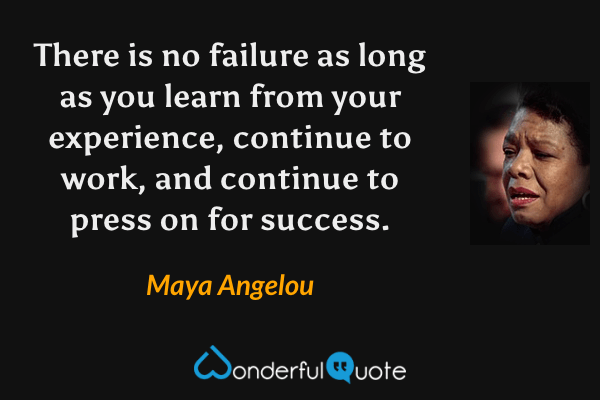 There is no failure as long as you learn from your experience, continue to work, and continue to press on for success. - Maya Angelou quote.