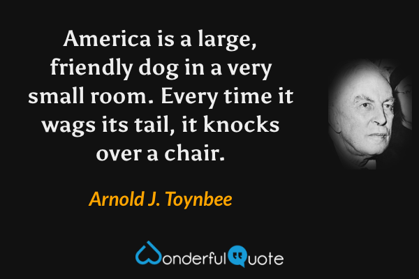 America is a large, friendly dog in a very small room. Every time it wags its tail, it knocks over a chair. - Arnold J. Toynbee quote.