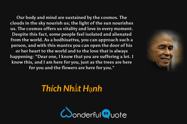 Our body and mind are sustained by the cosmos. The clouds in the sky nourish us; the light of the sun nourishes us. The cosmos offers us vitality and love in every moment. Despite this fact, some people feel isolated and alienated from the world. As a bodhisattva, you can approach such a person, and with this mantra you can open the door of his or her heart to the world and to the love that is always happening: "Dear one, I know that you are suffering a lot. I know this, and I am here for you, just as the trees are here for you and the flowers are here for you." - Thích Nhất Hạnh quote.