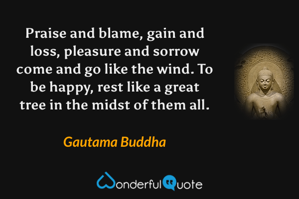 Praise and blame, gain and loss, pleasure and sorrow come and go like the wind. To be happy, rest like a great tree in the midst of them all. - Gautama Buddha quote.