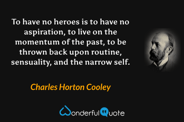 To have no heroes is to have no aspiration, to live on the momentum of the past, to be thrown back upon routine, sensuality, and the narrow self. - Charles Horton Cooley quote.