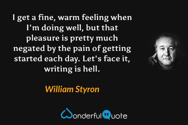 I get a fine, warm feeling when I'm doing well, but that pleasure is pretty much negated by the pain of getting started each day. Let's face it, writing is hell. - William Styron quote.