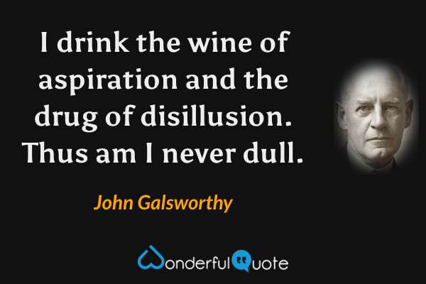 I drink the wine of aspiration and the drug of disillusion. Thus am I never dull. - John Galsworthy quote.