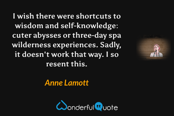 I wish there were shortcuts to wisdom and self-knowledge: cuter abysses or three-day spa wilderness experiences.  Sadly, it doesn't work that way.  I so resent this. - Anne Lamott quote.