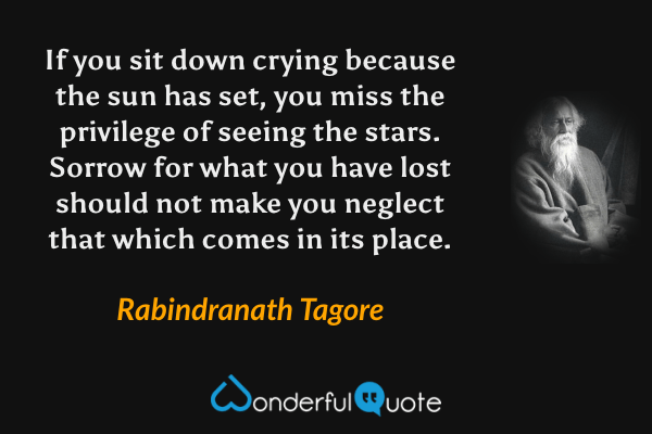 If you sit down crying because the sun has set, you miss the privilege of seeing the stars. Sorrow for what you have lost should not make you neglect that which comes in its place. - Rabindranath Tagore quote.