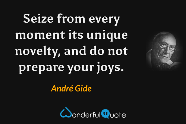 Seize from every moment its unique novelty, and do not prepare your joys. - André Gide quote.