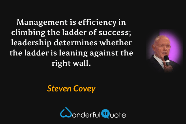 Management is efficiency in climbing the ladder of success; leadership determines whether the ladder is leaning against the right wall. - Steven Covey quote.