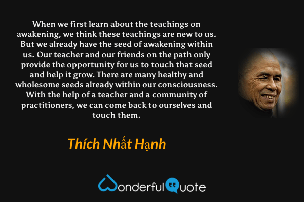 When we first learn about the teachings on awakening, we think these teachings are new to us. But we already have the seed of awakening within us. Our teacher and our friends on the path only provide the opportunity for us to touch that seed and help it grow. There are many healthy and wholesome seeds already within our consciousness. With the help of a teacher and a community of practitioners, we can come back to ourselves and touch them. - Thích Nhất Hạnh quote.