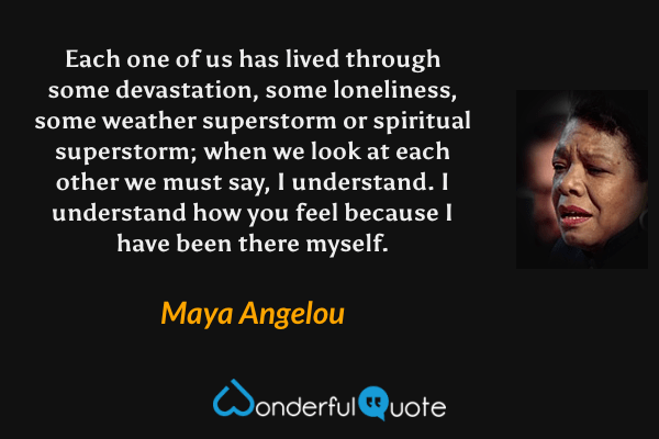 Each one of us has lived through some devastation, some loneliness, some weather superstorm or spiritual superstorm; when we look at each other we must say, I understand. I understand how you feel because I have been there myself. - Maya Angelou quote.