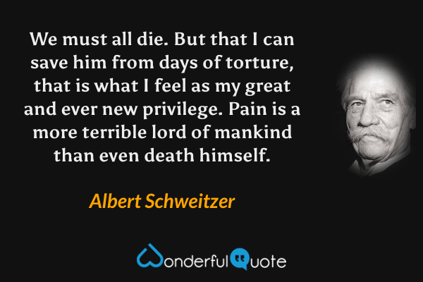 We must all die. But that I can save him from days of torture, that is what I feel as my great and ever new privilege. Pain is a more terrible lord of mankind than even death himself. - Albert Schweitzer quote.
