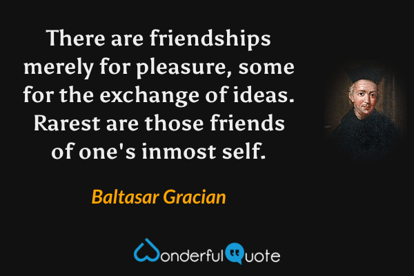 There are friendships merely for pleasure, some for the exchange of ideas. Rarest are those friends of one's inmost self. - Baltasar Gracian quote.