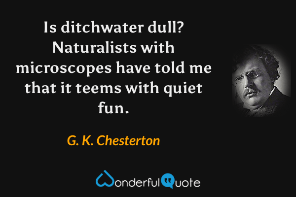 Is ditchwater dull? Naturalists with microscopes have told me that it teems with quiet fun. - G. K. Chesterton quote.
