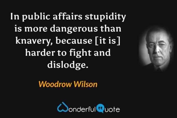 In public affairs stupidity is more dangerous than knavery, because [it is] harder to fight and dislodge. - Woodrow Wilson quote.