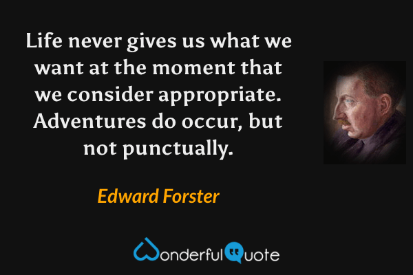 Life never gives us what we want at the moment that we consider appropriate.  Adventures do occur, but not punctually. - Edward Forster quote.