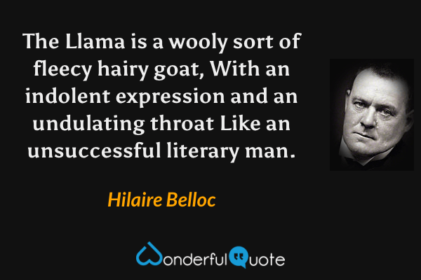 The Llama is a wooly sort of fleecy hairy goat,
With an indolent expression and an undulating throat
Like an unsuccessful literary man. - Hilaire Belloc quote.
