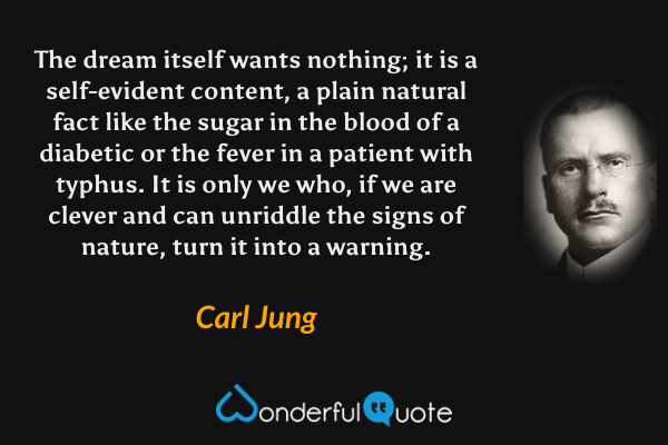 The dream itself wants nothing; it is a self-evident content, a plain natural fact like the sugar in the blood of a diabetic or the fever in a patient with typhus.  It is only we who, if we are clever and can unriddle the signs of nature, turn it into a warning. - Carl Jung quote.