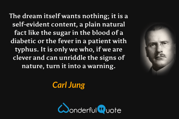 The dream itself wants nothing; it is a self-evident content, a plain natural fact like the sugar in the blood of a diabetic or the fever in a patient with typhus. It is only we who, if we are clever and can unriddle the signs of nature, turn it into a warning. - Carl Jung quote.