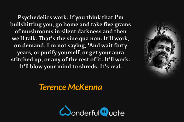 Psychedelics work. If you think that I'm bullshitting you, go home and take five grams of mushrooms in silent darkness and then we'll talk. That's the sine qua non. It'll work, on demand. I'm not saying, 'And wait forty years, or purify yourself, or get your aura stitched up, or any of the rest of it. It'll work. It'll blow your mind to shreds. It's real. - Terence McKenna quote.