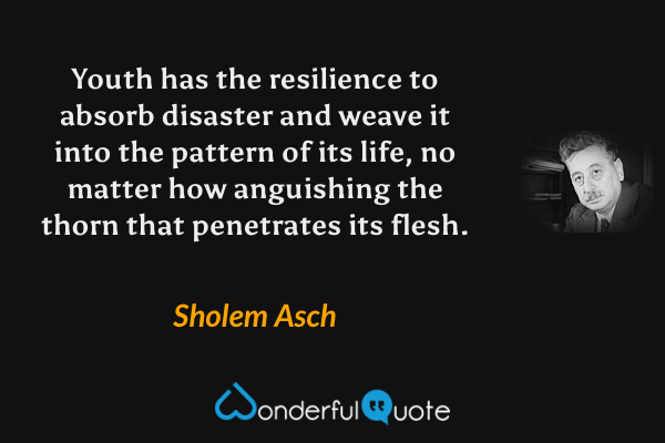 Youth has the resilience to absorb disaster and weave it into the pattern of its life, no matter how anguishing the thorn that penetrates its flesh. - Sholem Asch quote.