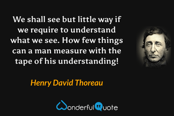 We shall see but little way if we require to understand what we see. How few things can a man measure with the tape of his understanding! - Henry David Thoreau quote.