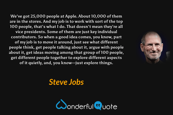 We've got 25,000 people at Apple. About 10,000 of them are in the stores. And my job is to work with sort of the top 100 people, that's what I do. That doesn't mean they're all vice presidents. Some of them are just key individual contributors. So when a good idea comes, you know, part of my job is to move it around, just see what different people think, get people talking about it, argue with people about it, get ideas moving among that group of 100 people, get different people together to explore different aspects of it quietly, and, you know—just explore things. - Steve Jobs quote.