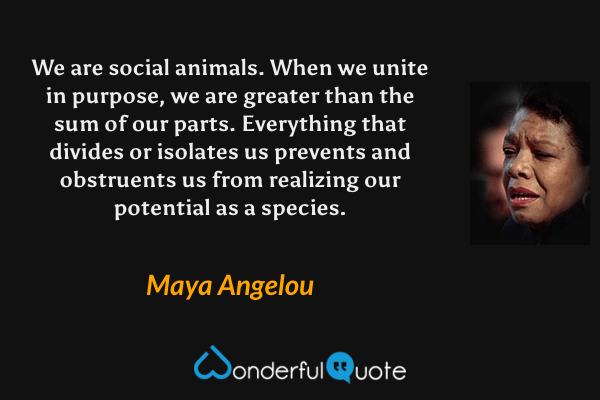 We are social animals. When we unite in purpose, we are greater than the sum of our parts. Everything that divides or isolates us prevents and obstruents us from realizing our potential as a species. - Maya Angelou quote.