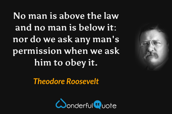 No man is above the law and no man is below it: nor do we ask any man's permission when we ask him to obey it. - Theodore Roosevelt quote.