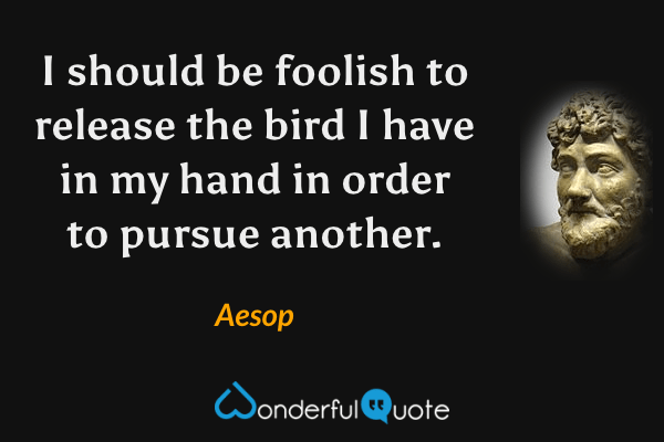 I should be foolish to release the bird I have in my hand in order to pursue another. - Aesop quote.
