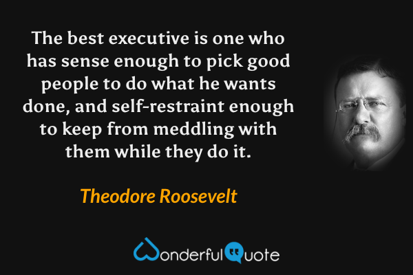 The best executive is one who has sense enough to pick good people to do what he wants done, and self-restraint enough to keep from meddling with them while they do it. - Theodore Roosevelt quote.