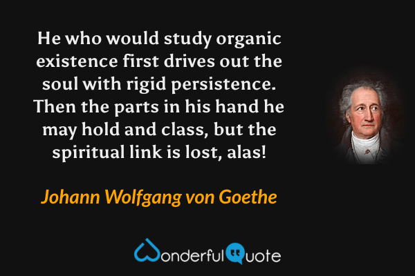 He who would study organic existence first drives out the soul with rigid persistence. Then the parts in his hand he may hold and class, but the spiritual link is lost, alas! - Johann Wolfgang von Goethe quote.