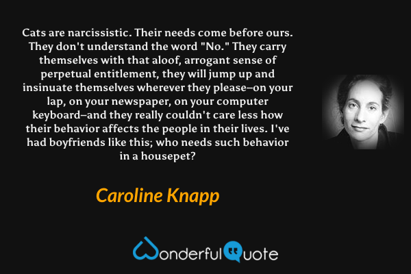 Cats are narcissistic. Their needs come before ours. They don't understand the word "No." They carry themselves with that aloof, arrogant sense of perpetual entitlement, they will jump up and insinuate themselves wherever they please–on your lap, on your newspaper, on your computer keyboard–and they really couldn't care less how their behavior affects the people in their lives. I've had boyfriends like this; who needs such behavior in a housepet? - Caroline Knapp quote.