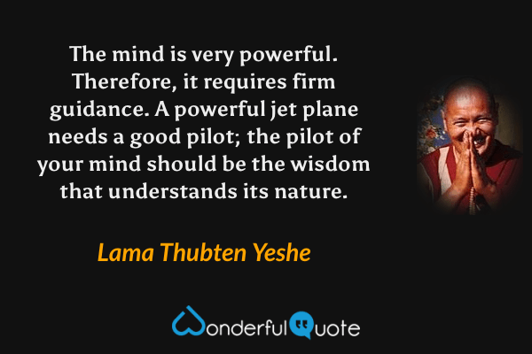 The mind is very powerful. Therefore, it requires firm guidance. A powerful jet plane needs a good pilot; the pilot of your mind should be the wisdom that understands its nature. - Lama Thubten Yeshe quote.