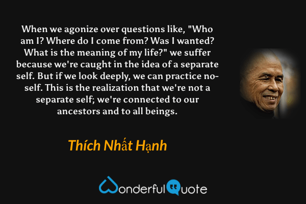 When we agonize over questions like, "Who am I? Where do I come from? Was I wanted? What is the meaning of my life?" we suffer because we're caught in the idea of a separate self. But if we look deeply, we can practice no-self. This is the realization that we're not a separate self; we're connected to our ancestors and to all beings. - Thích Nhất Hạnh quote.