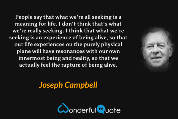 People say that what we're all seeking is a meaning for life. I don't think that's what we're really seeking. I think that what we're seeking is an experience of being alive, so that our life experiences on the purely physical plane will have resonances with our own innermost being and reality, so that we actually feel the rapture of being alive. - Joseph Campbell quote.