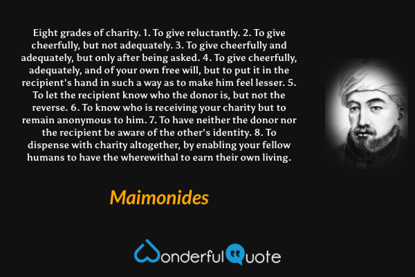 Eight grades of charity.
1. To give reluctantly.
2. To give cheerfully, but not adequately.
3. To give cheerfully and adequately, but only after being asked.
4. To give cheerfully, adequately, and of your own free will, but to put it in the recipient's hand in such a way as to make him feel lesser.
5. To let the recipient know who the donor is, but not the reverse.
6. To know who is receiving your charity but to remain anonymous to him.
7. To have neither the donor nor the recipient be aware of the other's identity.
8. To dispense with charity altogether, by enabling your fellow humans to have the wherewithal to earn their own living. - Maimonides quote.