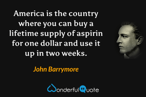 America is the country where you can buy a lifetime supply of aspirin for one dollar and use it up in two weeks. - John Barrymore quote.