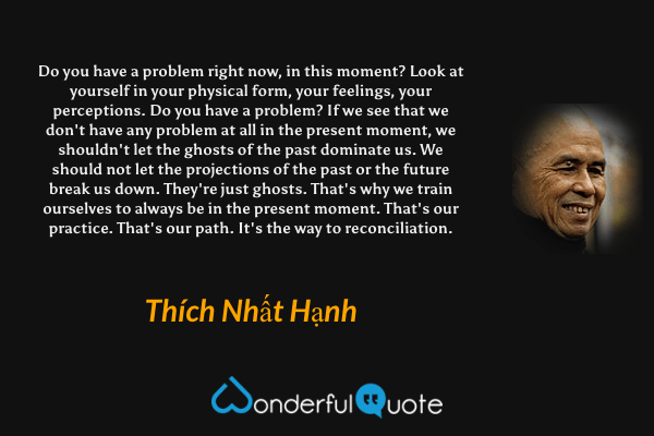 Do you have a problem right now, in this moment? Look at yourself in your physical form, your feelings, your perceptions. Do you have a problem? If we see that we don't have any problem at all in the present moment, we shouldn't let the ghosts of the past dominate us. We should not let the projections of the past or the future break us down. They're just ghosts. That's why we train ourselves to always be in the present moment. That's our practice. That's our path. It's the way to reconciliation. - Thích Nhất Hạnh quote.